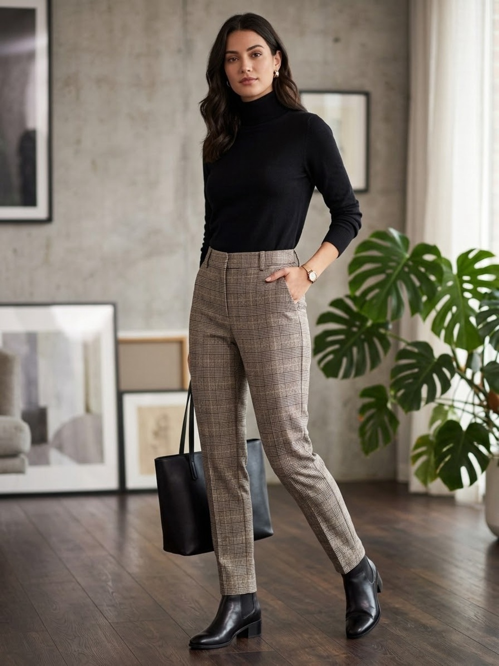 Zara Women's Beige Taupe Plaid Straight-Leg Trousers